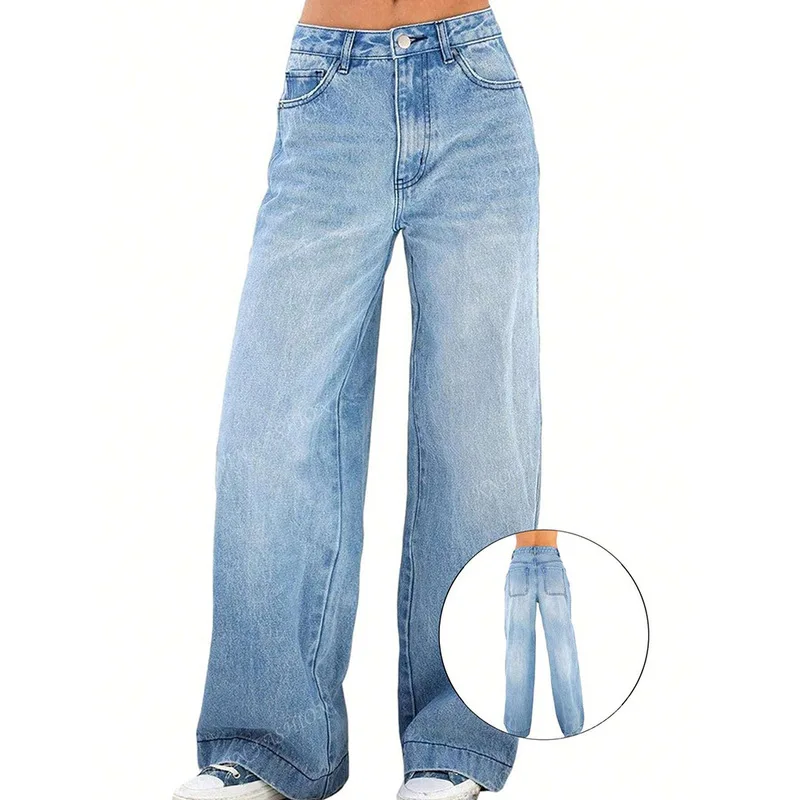 1 Pc Women's Wide‑Leg Straight Denim Jeans, American Vintage Street Style, Relaxed Loose Fit, Washed Denim Fabric, Versatile Ful