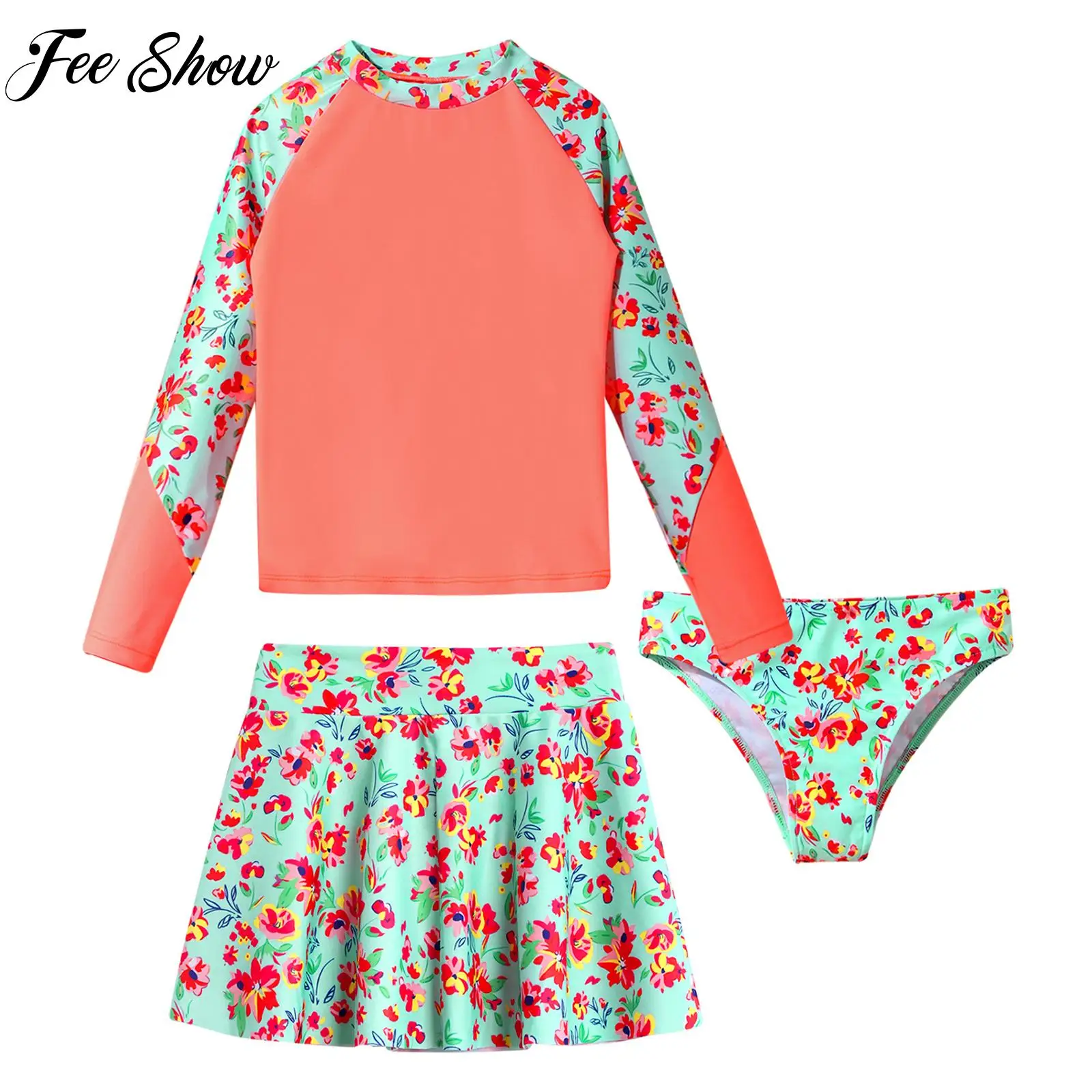 

3Pcs Kids Girls Print Swimsuit Long Sleeve Top Swim Skirt Swim Briefs Set Bathing Suit UPF50+ Rash Guard Set Pool Beach Swimwear