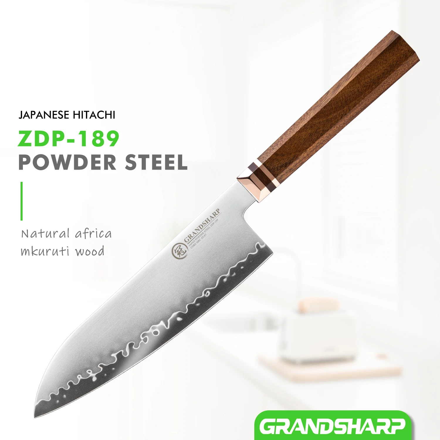 Grandsharp 7.5''Santoku Knife ZDP-189 Steel Core 3 Layer Composite Mkuruti Wood&Brass Handle Professional Kitchen Knife Cooking