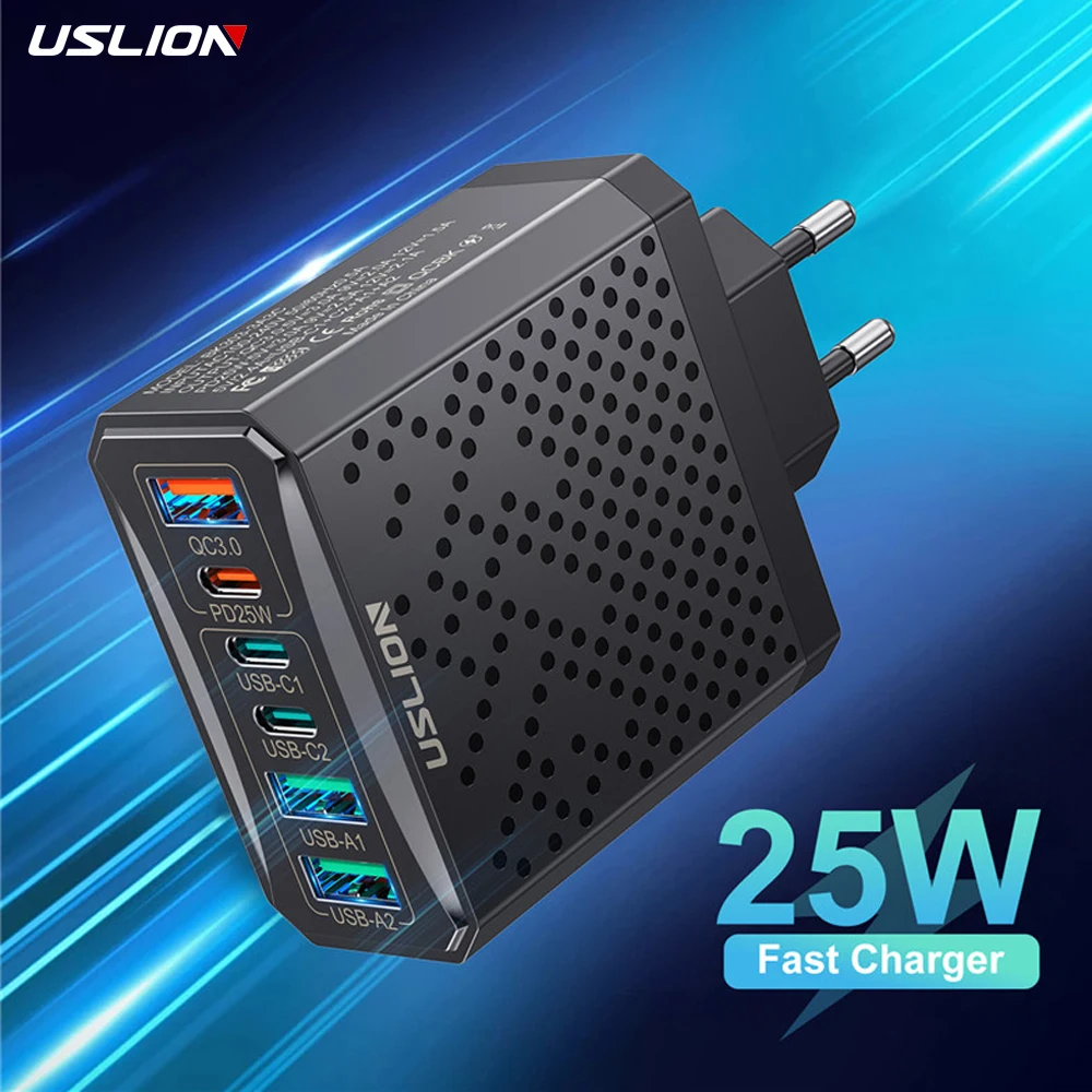 USLION Quick Charge QC+PD USB Type C Charger 25W QC3.0 Quick Charger For 6 in 1 USB C Laptop Fast Charging EU KR US UK Adapter