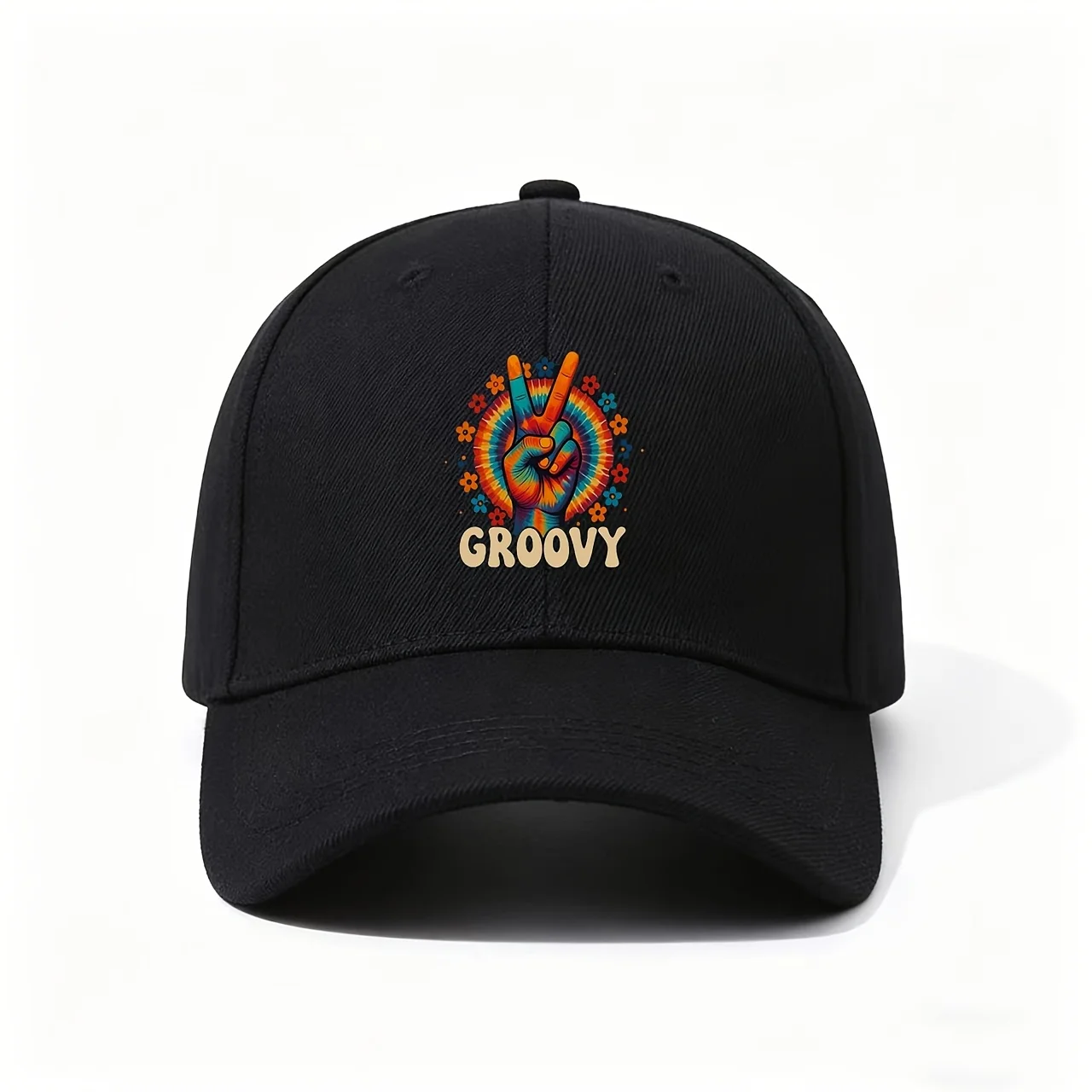 Baseball Cap, Featuring a Tie-Dye Peace Sign Hand with Flowers And The Word GROOVY, Retro 70S-Inspired Colorful Design, Durable