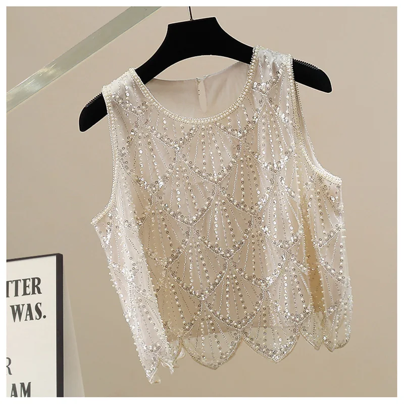 Ciężko zdobiony cekinami damski top irt Svel Ele Design koreański okrągły dekolt casualowy letni top Faion Trend