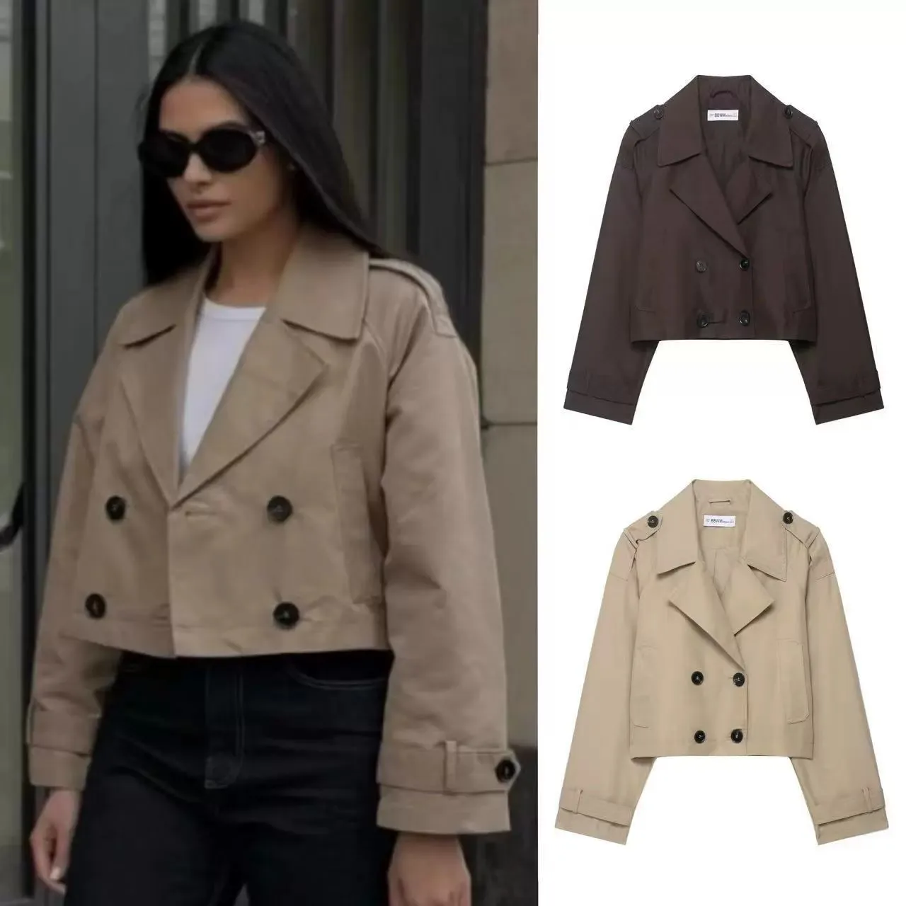 

PRINTKAOIR Women's Fashion Double Breasted Short Coat Turn-down Collar Long Sleeve Coats Vintage Female Outerwear Chic Tops