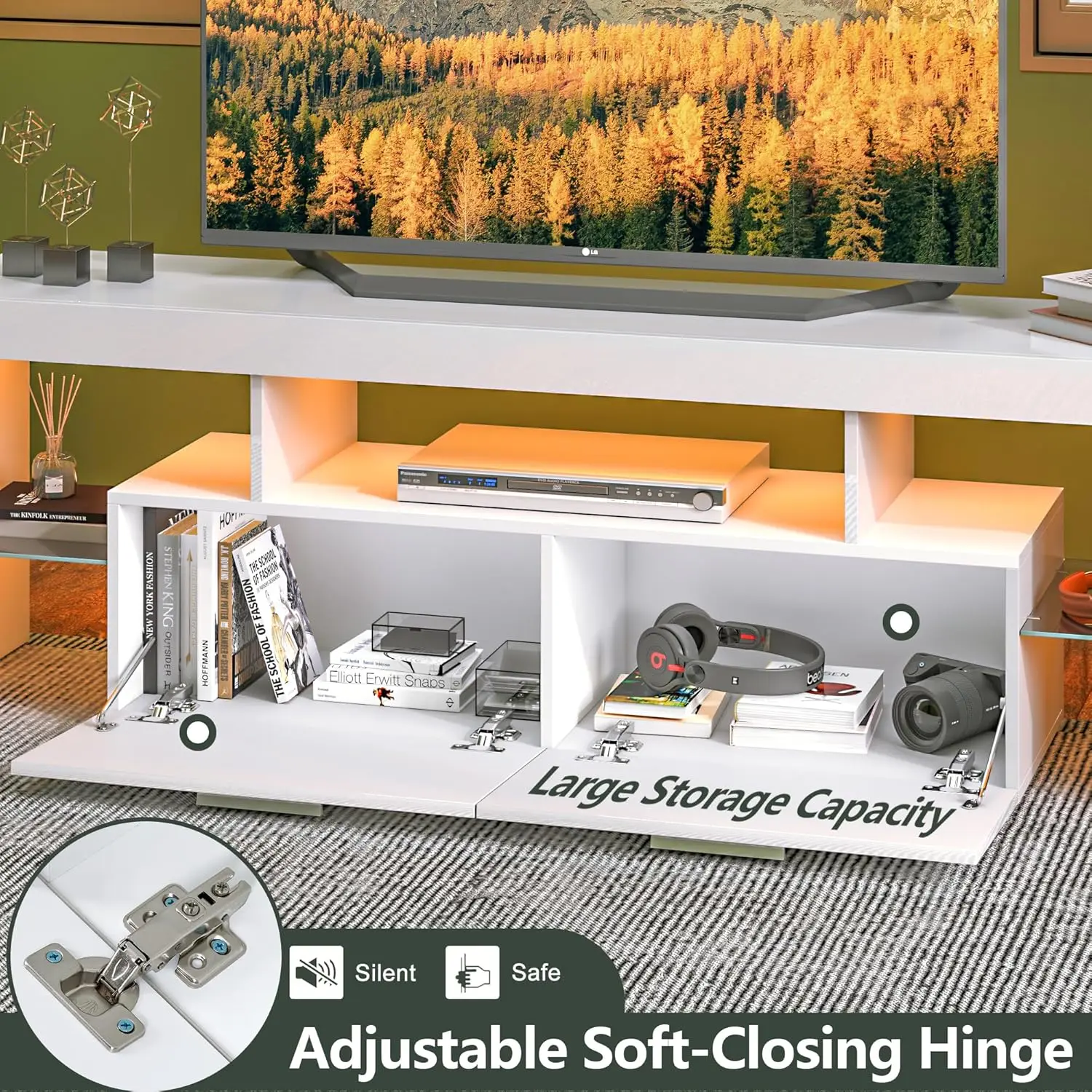 حامل تلفزيون حديث LED بطول 63 بوصة مع درج تخزين كبير لأجهزة التلفاز 50 55 60 65 70 75 بوصة، وحدة تحكم تلفزيون من الخشب الأبيض، أبيض، مخصص