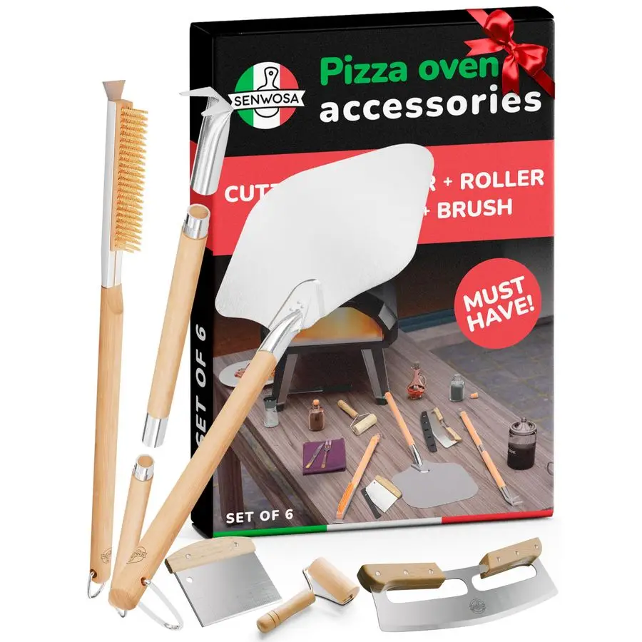 مجموعة ملحقات فرن البيتزا مكونة من 6 قطع لصنع البيتزا المنزلية تتضمن تقشير البيتزا وفرشاة الفرن وأداة توصيل الفقاعات وقاطعة الروك