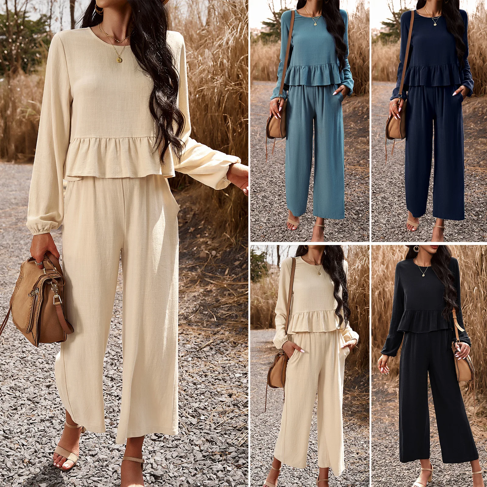 

2025 Spring Summer 2-Piece Sets Women Outfit Lady's Solid Color Flounce Long Sleeved Top + Loose Ninth Pants Women Trousers Sets