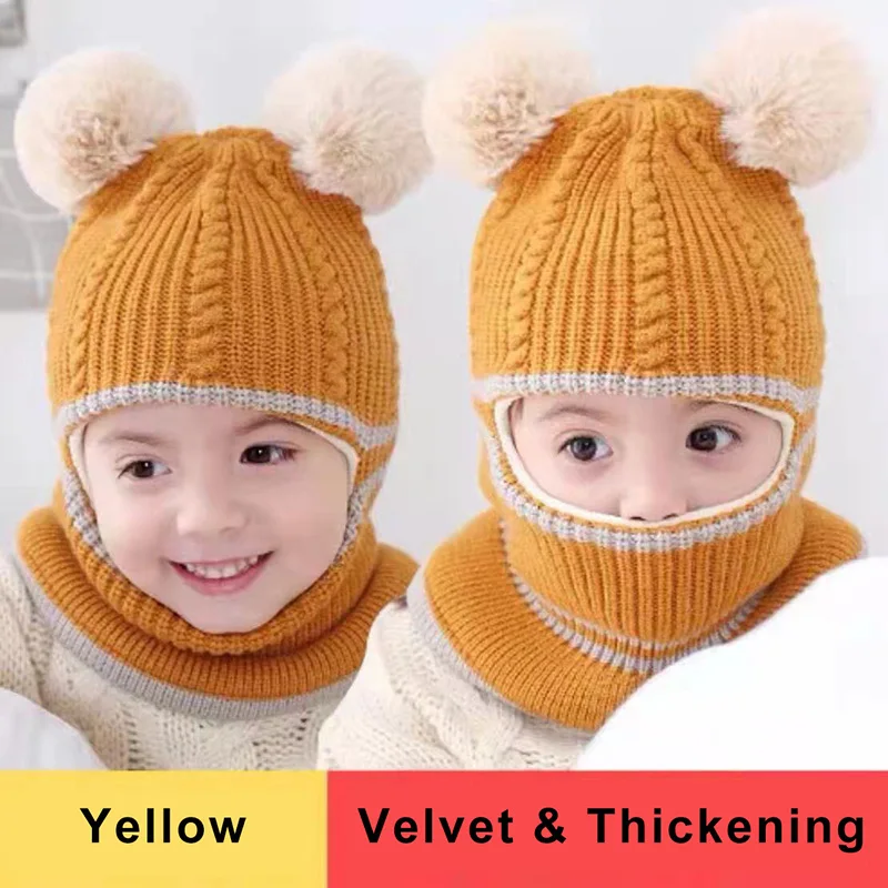 New Arrival  Winter Kids Plus Fleece Hats Thick Warm Knitted Cap For Child Outdoor Girls Boys Face Cover Hairball Bib Mask