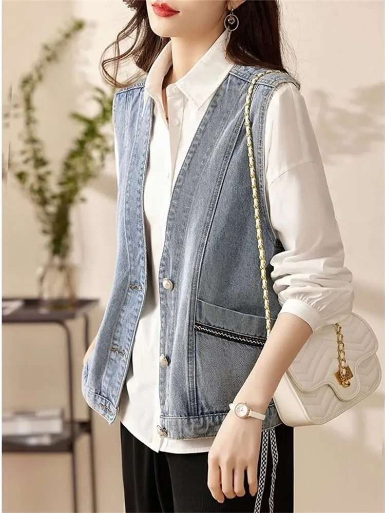 Spring Summer New Waistcoat Jacket Female Korean Casual Sleeveless Coat Woman Clothes Simple Vintage Denim Vest Chaleco Mujer