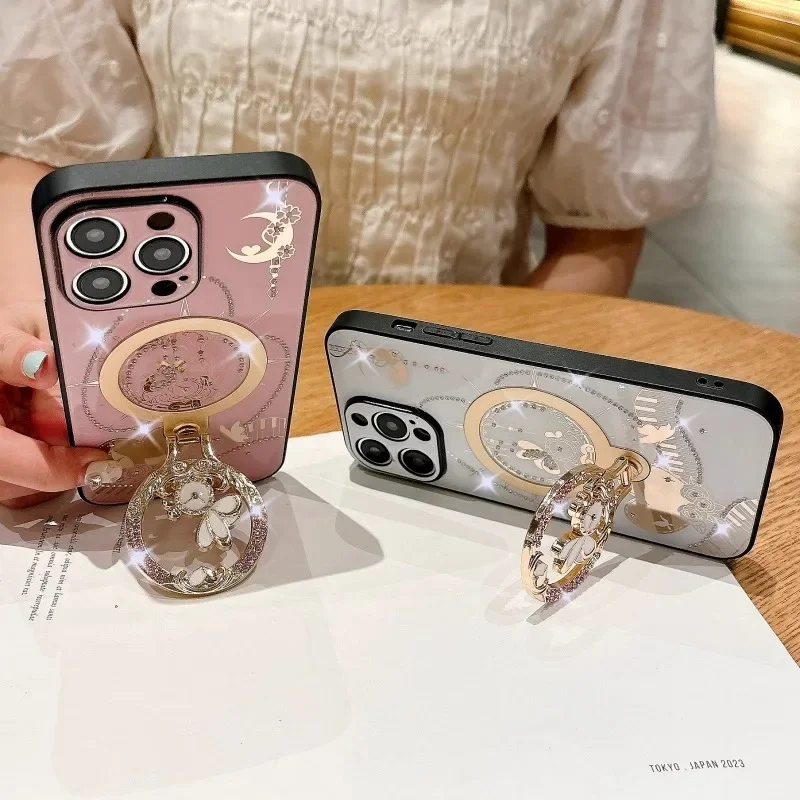 Блестящий бриллиантовый держатель с рисунком кролика Магнитный чехол для телефона iPhone 16 15 14 13 Pro Max с тонким отверстием Магнитный жесткий чехол для зарядки
