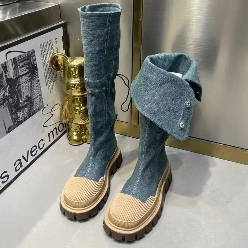 Denim Chelsea Knee High Boots Women Platform Shoe 2024 Designer Winter Flats Shoes Goth Motorcycle Boots Casual Shoes Botas