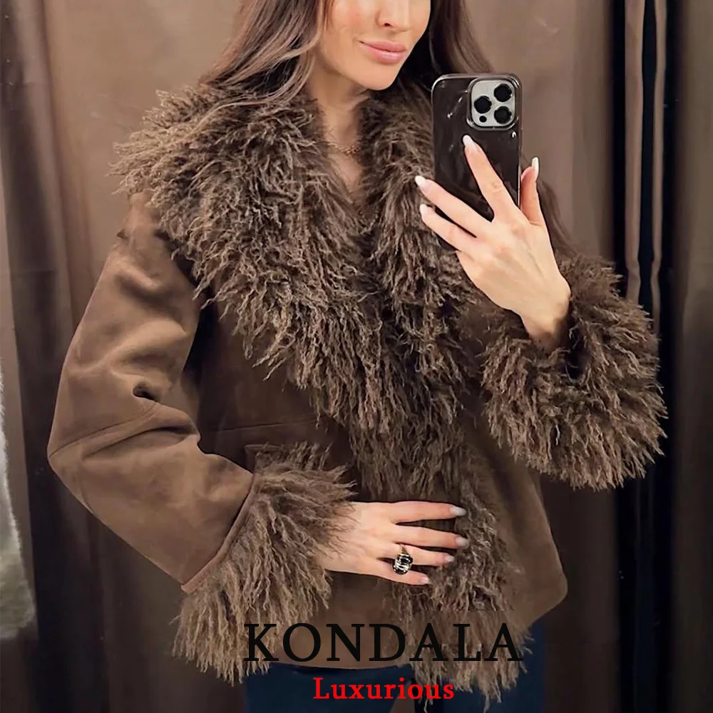 

KONDALA Vintage Chic Brown Faux Fur Jackets Long Sleeve V Neck Pockets Loose Coats Fashion 2025 Autumn Winter Thick Warm Coats