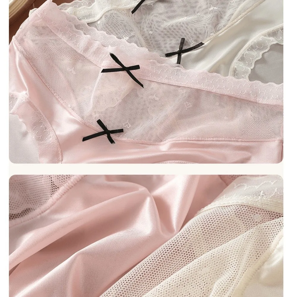 Men's Sweet Bow Panties Comfortable Ice Silk Lace Splicing Briefs Lingerie Underwear U Pouch Underpants For Daily Casual