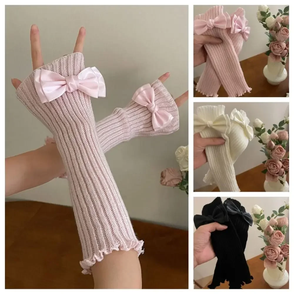 

Simple Solid Color Knitted Bow Gloves Gothic Y2k Arm Warmers JK Long Wool Sleeve Cuff Ladies
