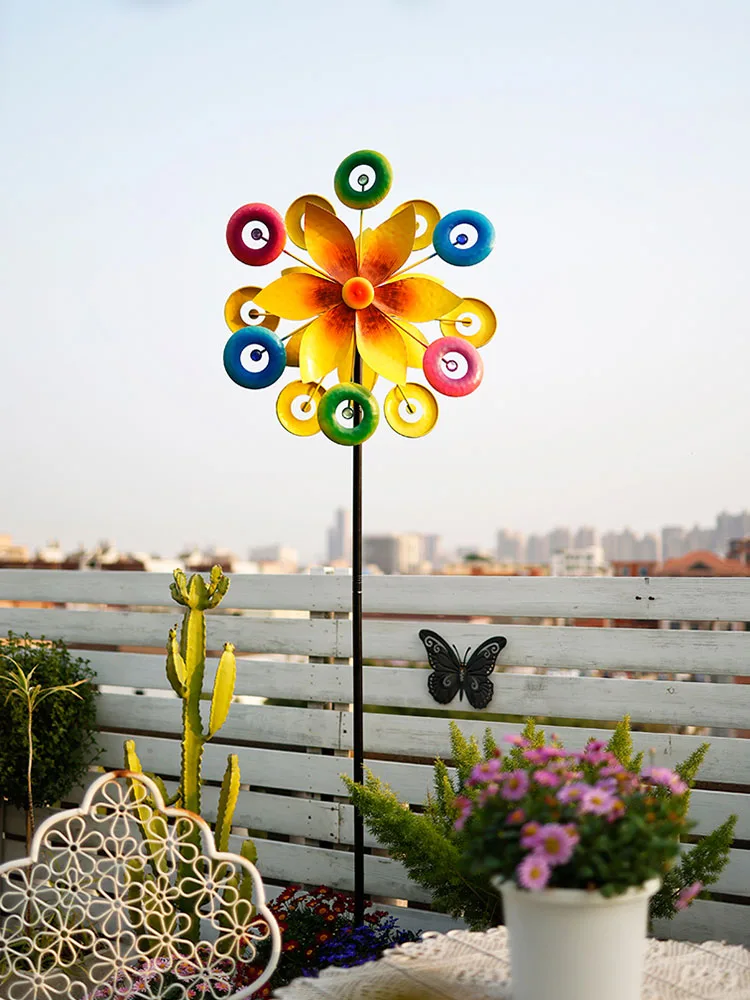 Outdoor Garden Decoration, Iron Art, Windmill, Rotary Decoration, Courtyard Villa, Terrace, Landscaping, Seven Color Solar Light