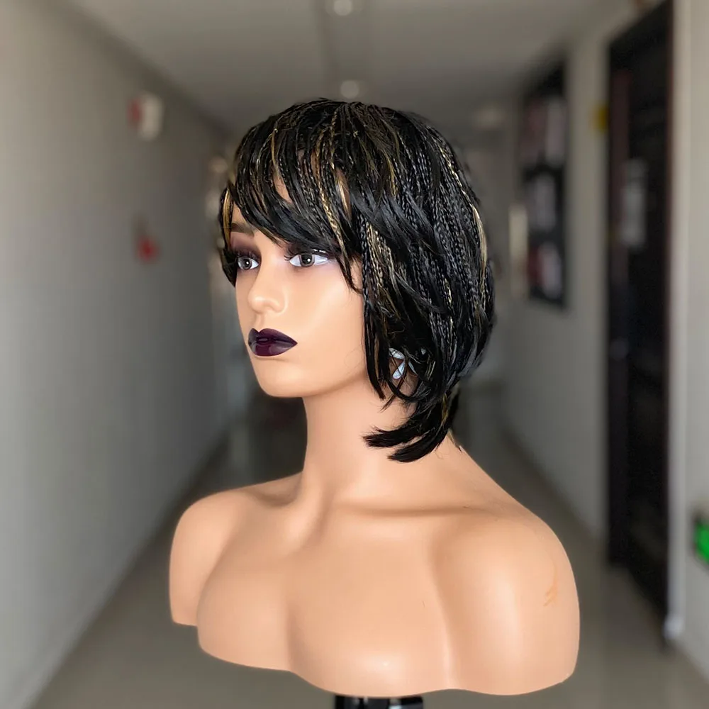 Braided Wigs With Bangs Summer Short Wig For Women Box Braid African Wig Heat Resistant Synthetic Fiber