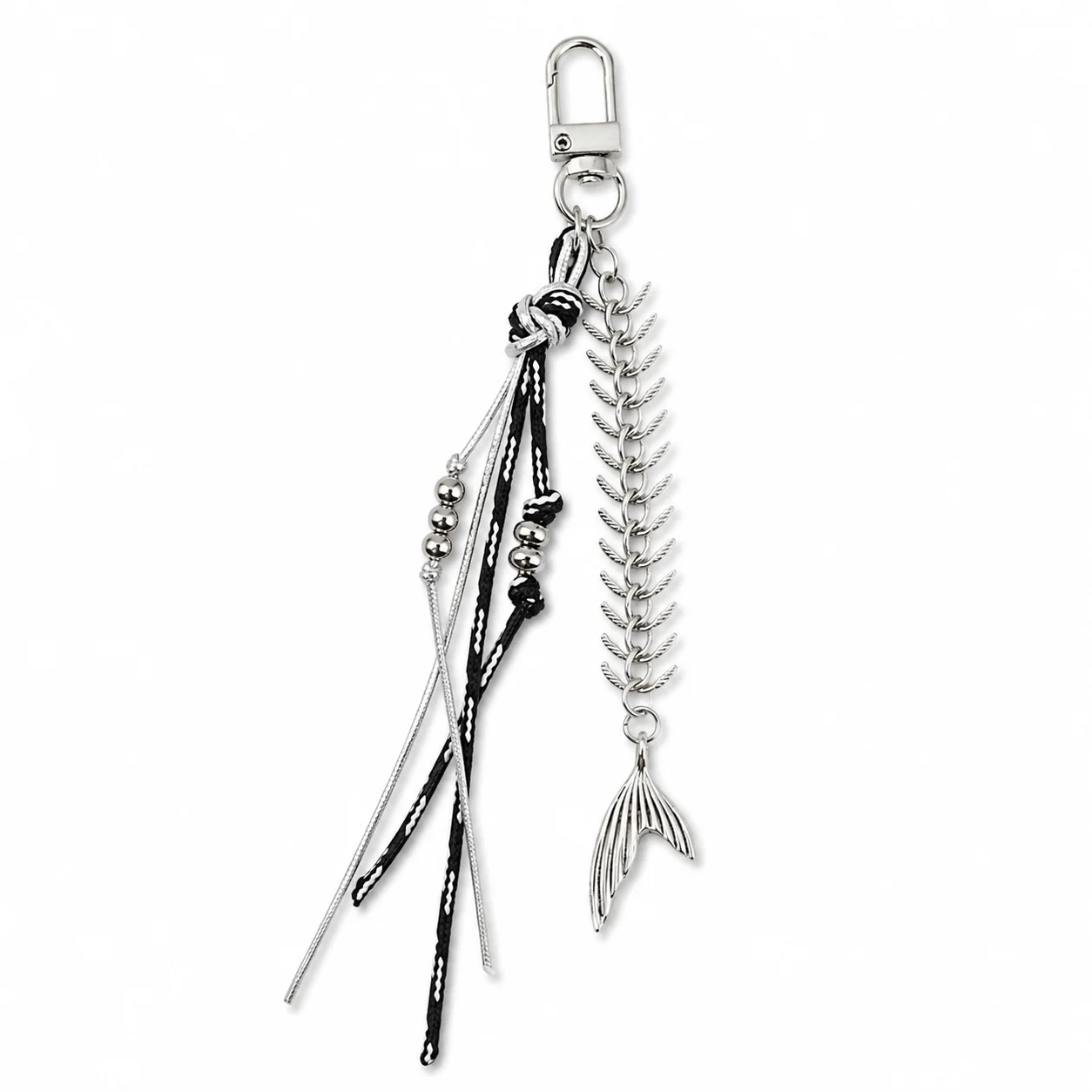 Cyberpunk fishbone fish tail silver black woven rope bead pendant y2k bag mobile phone pendant keychain