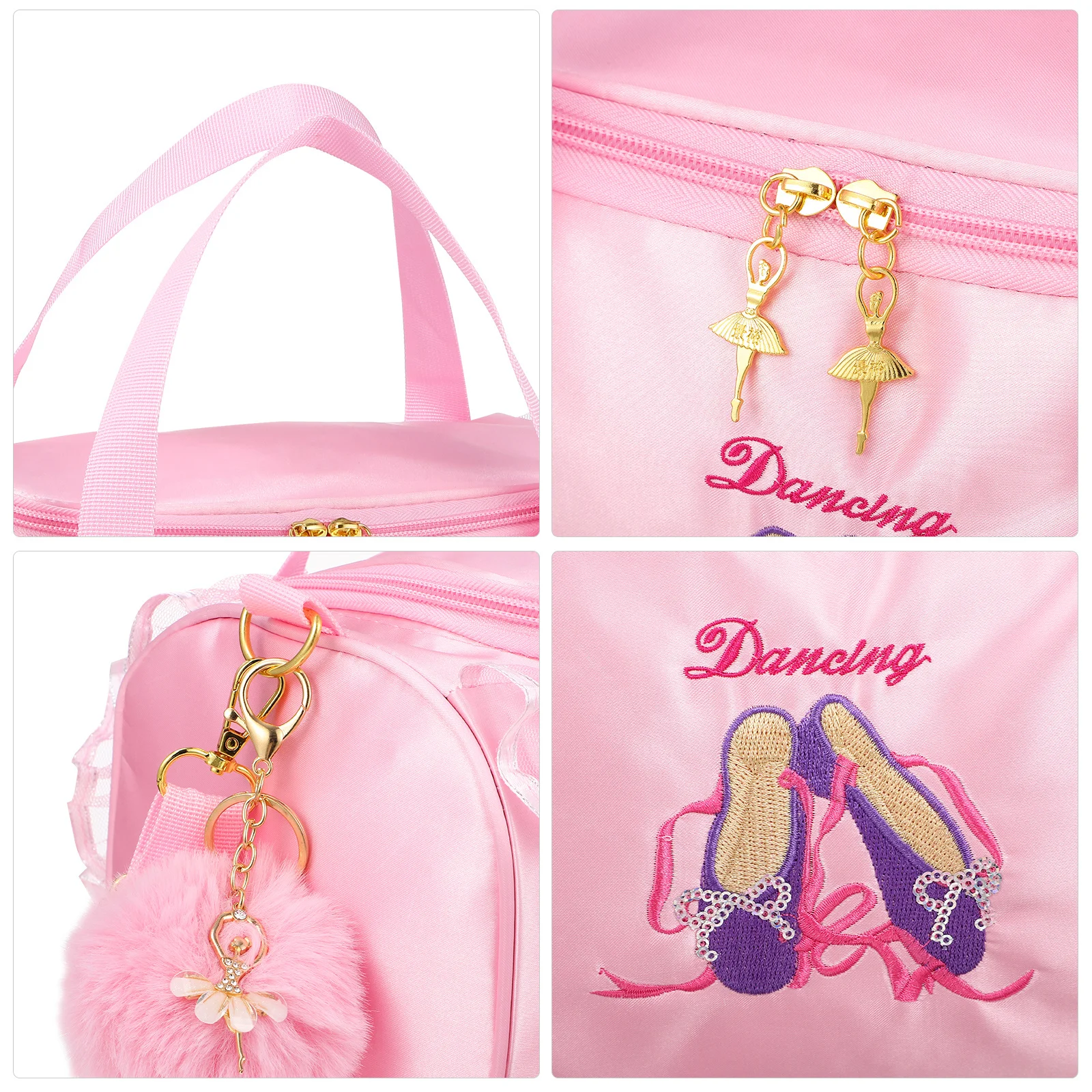 

Dance Keychain Deep Pink Ballet Bag Mesh Lace Girls Travel Tote Shoulder Bag Dance Class Practice Performance Storage Pompom