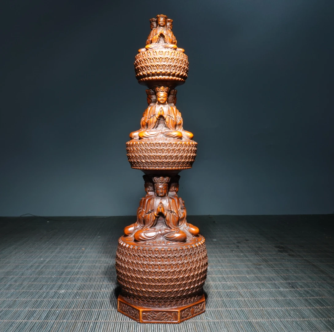 70*230mm Boxwood Wooden Pagoda Tower Religious Temple Thai Buddha Statue Pray Kai Guang Ornaments Feng Shui Home Decor