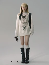 High Quality Butterfly Retro Printed Contrasting Ribbon Embroidered Thick Needle Texture Mesh Hollow Hoodie Women Clothing Y2k