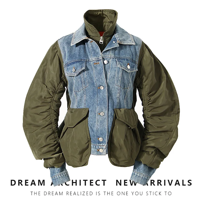 Autumn Winter Loose Fit  Workwear Denim Jacket Women's Padded Outerwear Fake Two-Piece Pleated Splicing Cotton Coat