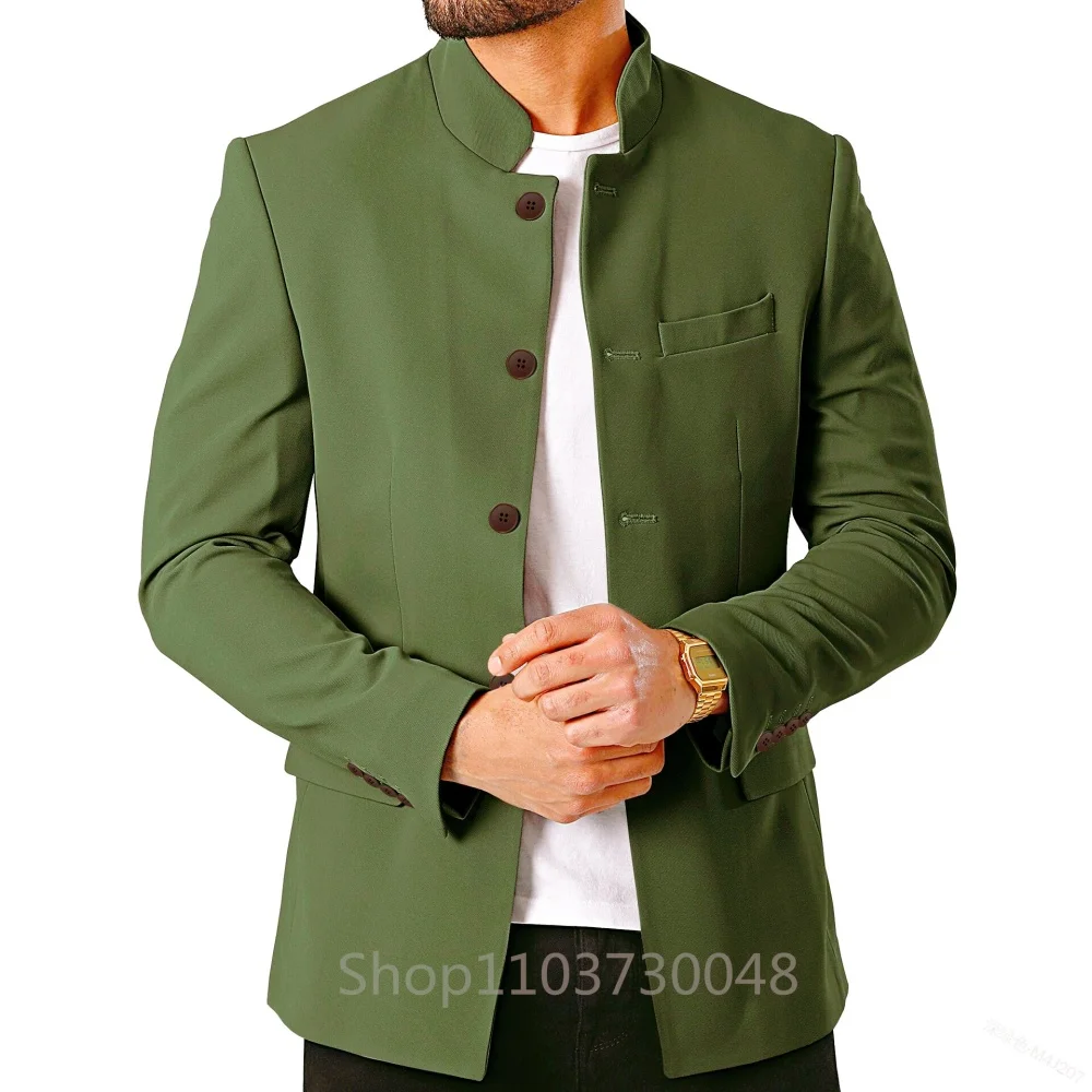 سترة رجالية عالية الجودة بلون سادة وياقة واقفة وزر واحد كاجوال بقصة ضيقة للرجال