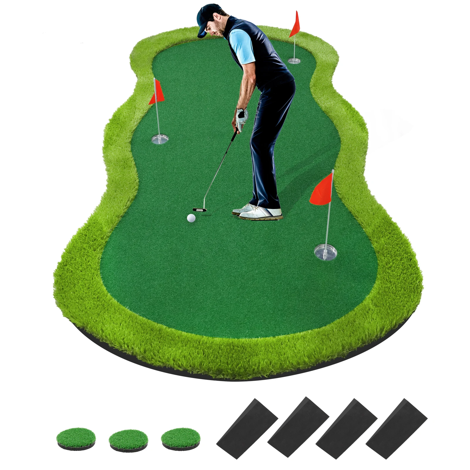 Roykaw Golf Putting Green, 5x10 Ft. Polymères de golf pour la pratique du golf, polymères verts avec 3 trous, drapeaux, éponges Slnegoing