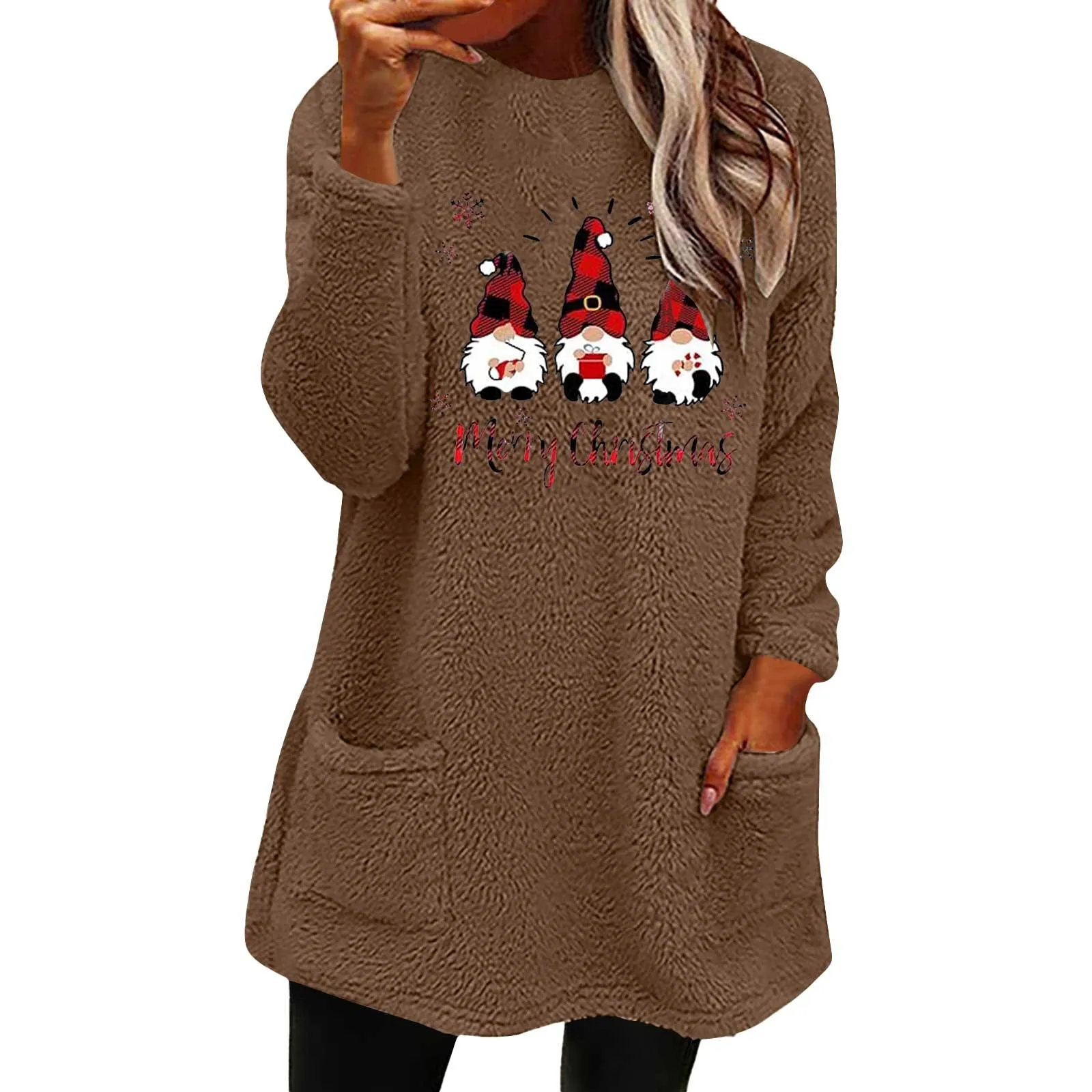 Christmas Prints Sweatshirt For Women Double-faced Velvet Crew Neck Pullover With Pocket Fall Winter Thermal Hoodless Hoodie