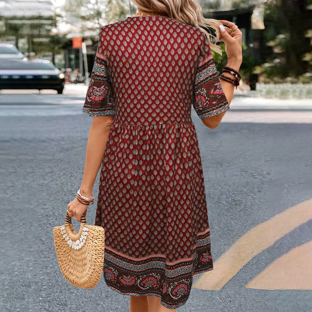 M L XL Vintage Dress for Women Clothing 2024 Summer Short Sleeved Printe Bohemian Beach Holiday Dress Female Slim Fit Mini Skirt