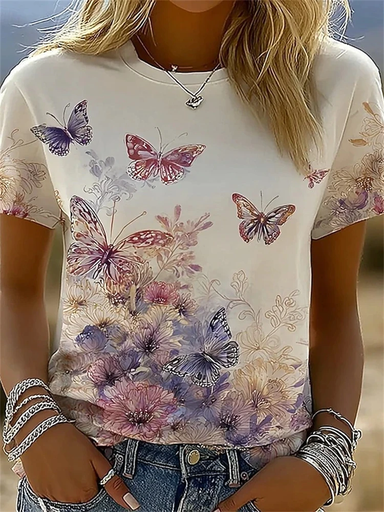 New Women's Round-Neck Short-Sleeve T-Shirt White T-Shirt with Oil Painting-Style Cat and Floral Print A Soothing Casual T-Shirt
