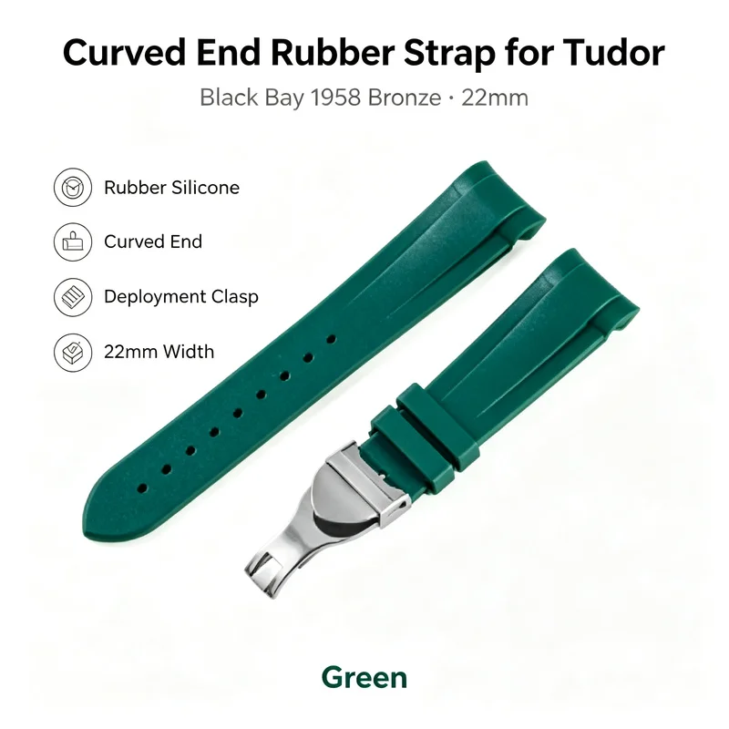 22mm Premium Curved End Rubber Silicone Strap for Tudor Black Bay 1958 Bronze Green Deployment Clasp Men Replacement Watch Band