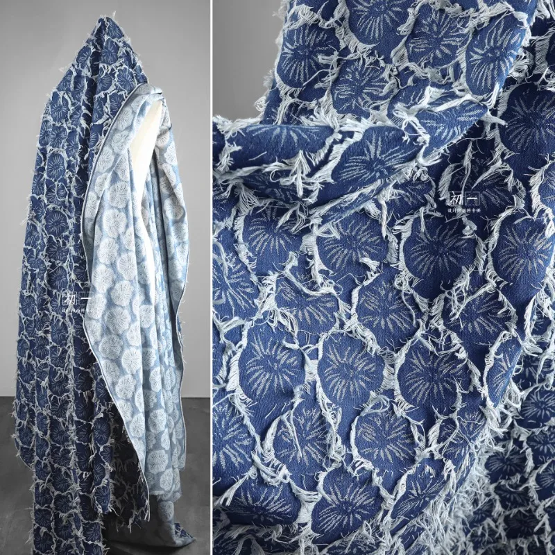 

Джинсовая жаккардовая ткань с вырезанной цветочной бахромой, винтажная верхняя одежда, брюки, дизайнерская ткань для одежды, ткань для шитья своими руками, материал