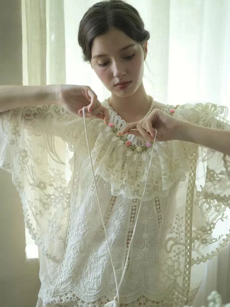 SpringSummer Oversized Blouses Women FrenchElegant Handmade 3D Rose Embroidery Mori Style Lace V-Neck ShortSleeve Pale IvoryTops