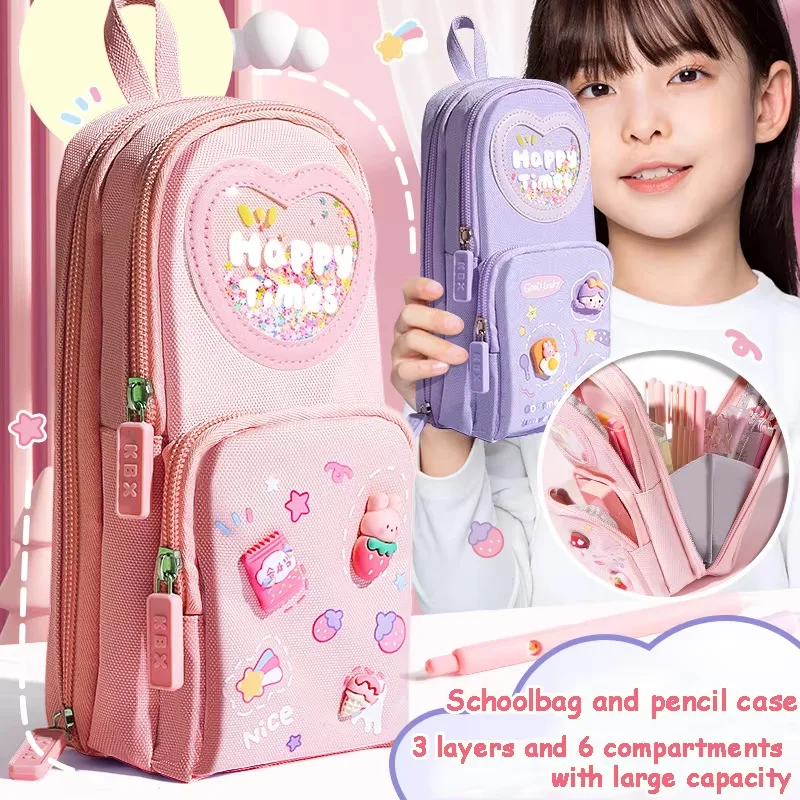

Three Layer Backpack Shape Pencil Case for Girls Primary School Students Large Capacity Cute Cartoon Pen Bag Student Stationery