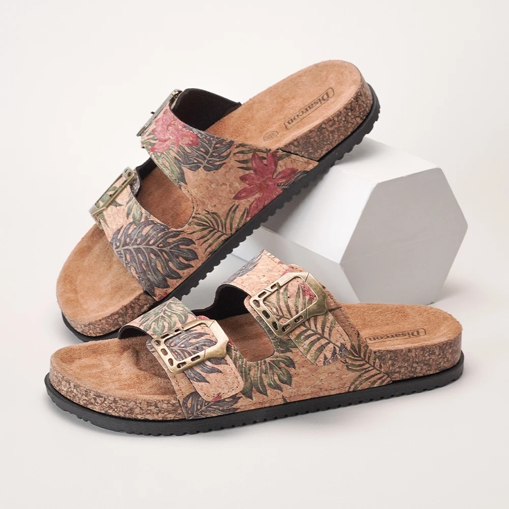 Tropical Print Double-Strap Sandals, Women's Adjustable Buckle Sandals, Comfortable Flat Shoes for Outdoor Daily Wear