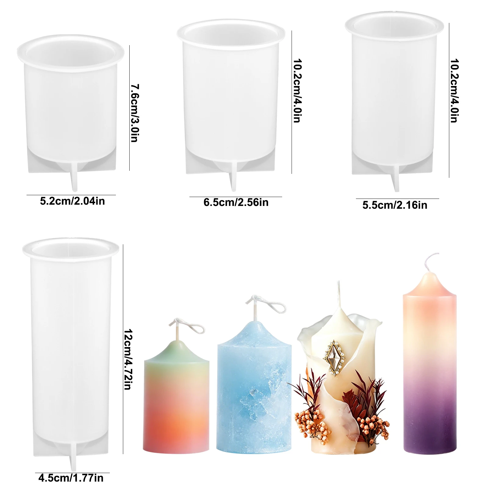 4 Pcs Cylinder Silicone Candle Molds, Pillar Candle Mold with Pointed Top, 4 Sizes Cylinder Resin Casting Mold