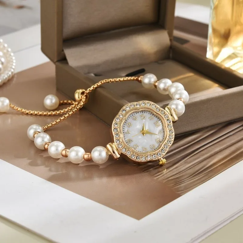 

Элегантный браслет в форме жемчужного цветка, женские кварцевые часы, часы с регулируемым ремешком, роскошный маленький циферблат, связанный вручную, список Dom
