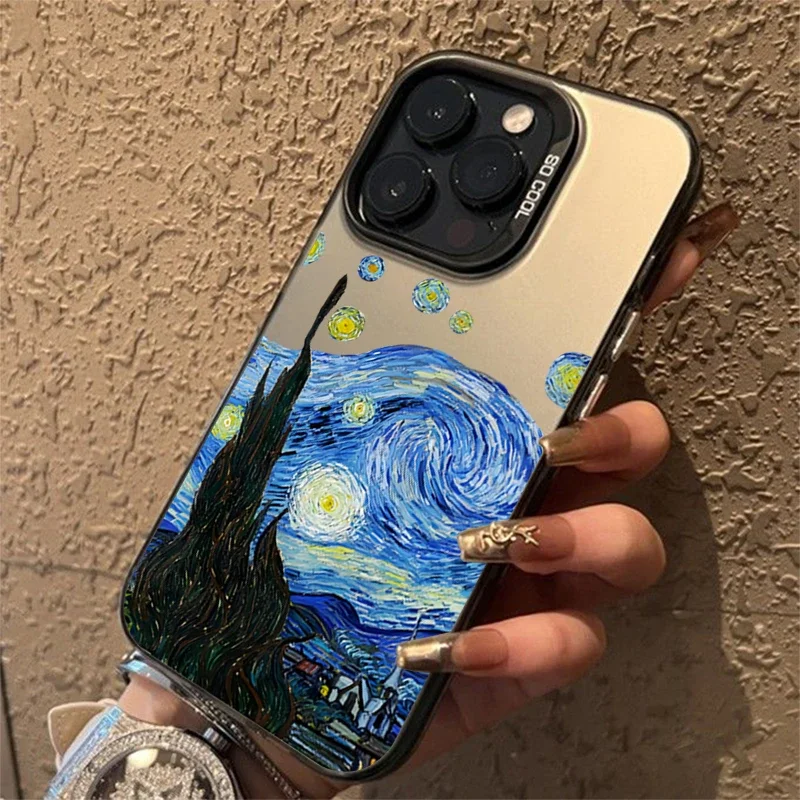 Van Gogh oil painting electroplate silver IMD phone case for iPhone 11 12 13 14 15 Pro Max 7 8 plus X XR shockproof back cover