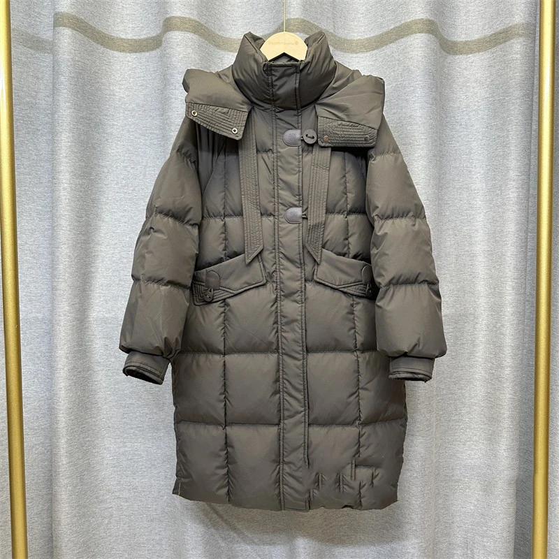 Winter Hooded Thicken Mid Length Down Jacket Female Warm Zipper Waterproof Jackets Women White Duck Down Pocket Parker Outwears