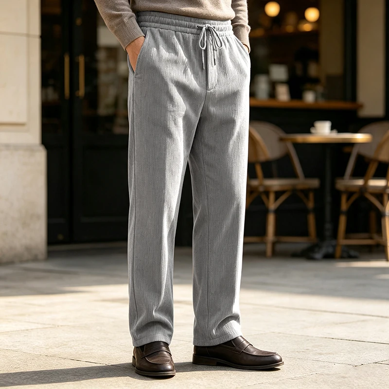 Men Corduroy Straight Leg Trousers Elastic Drawstring Waist Regular Fit Long Pants Spring Autumn Daily Casual Streetwear