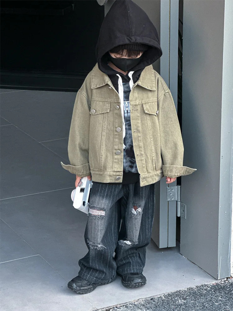 Boys Coat Jackets Spring Clothes Korean Style Children Clothes 2024 Spring New Shirt Coat Back Printed Denim Coat Clothes image 6