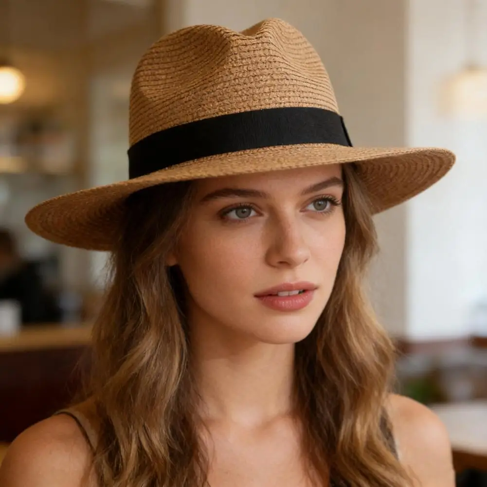 

Straw Hat High-Density Natural Straw Fabric Lightweight Breathable Sun Protection Wide Brim Flat Top Summer Hat Fishing Spring