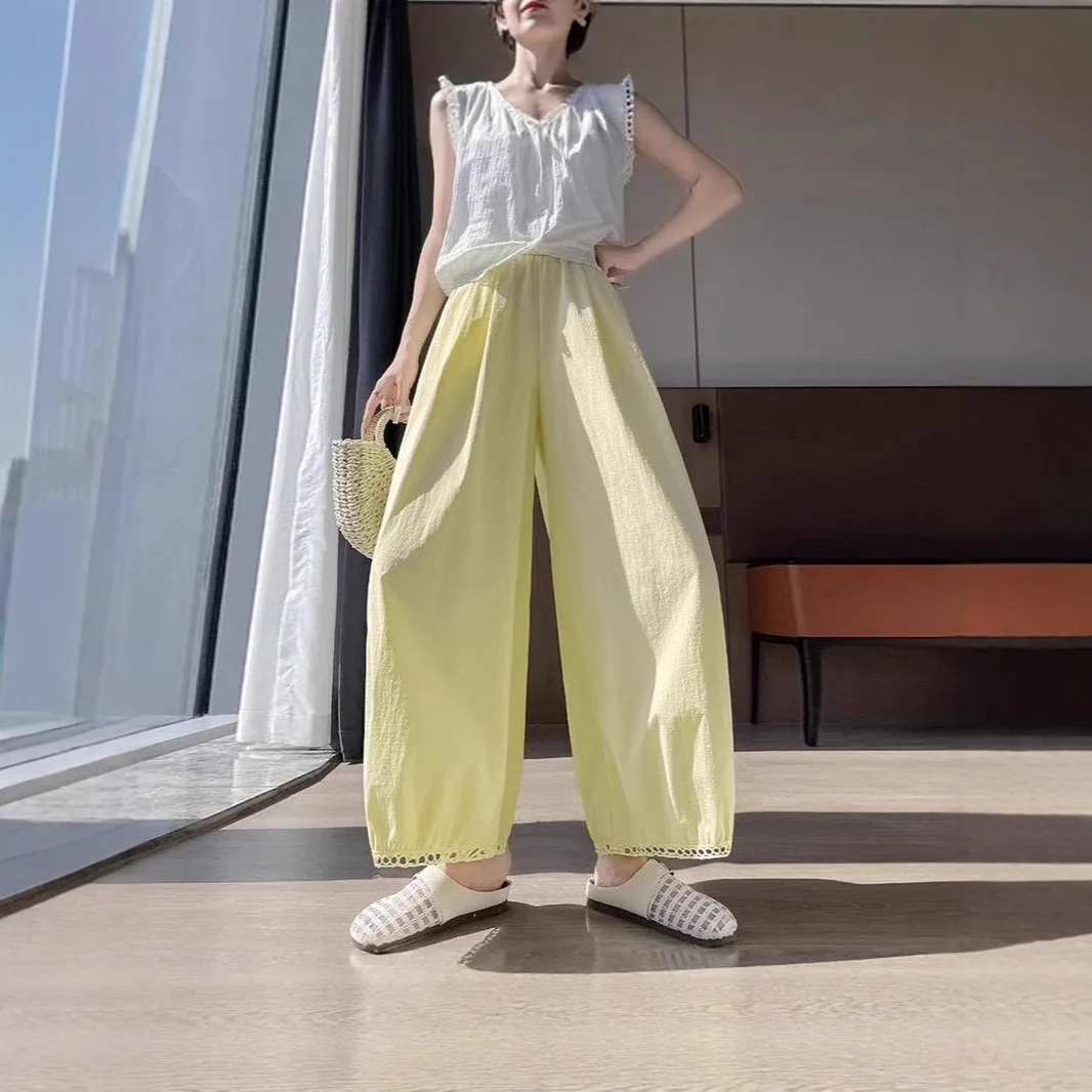 Out calças casuais femininas verão solto multiuso calças de perna larga secagem rápida plissado manguito nove minutos lanterna calças