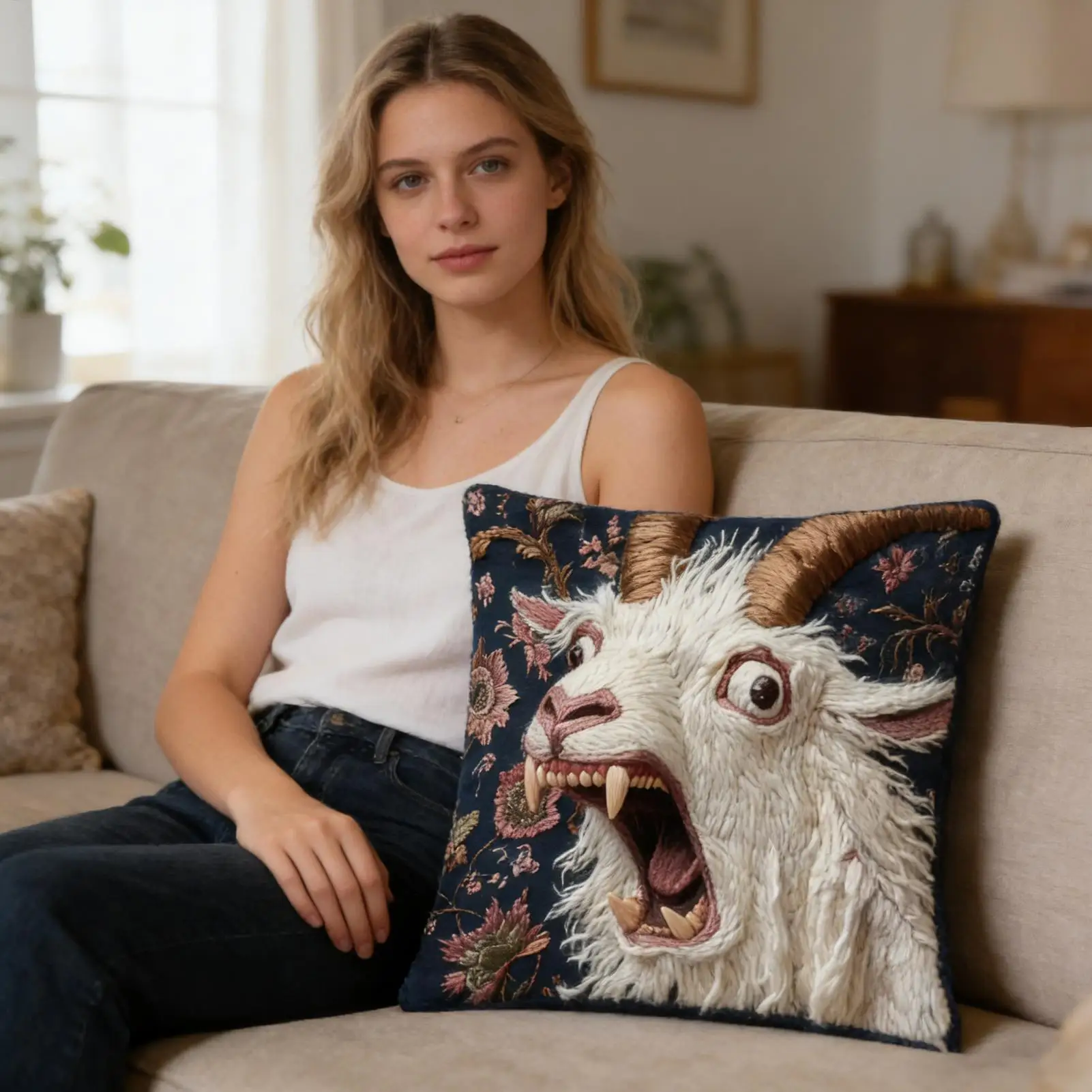 Screaming Goat Pillow Cover 18x18 Inches Funny Animal Plush Throw Pillow Case Cushion Cover for Couch Sofa Bedroom Decor