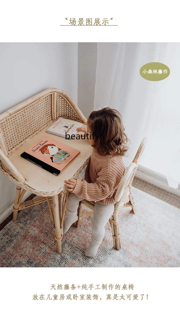 Penteadeira natural do Rattan, Bonito Combinação Quarto Play House, Mini Handmade Creative Learning Table