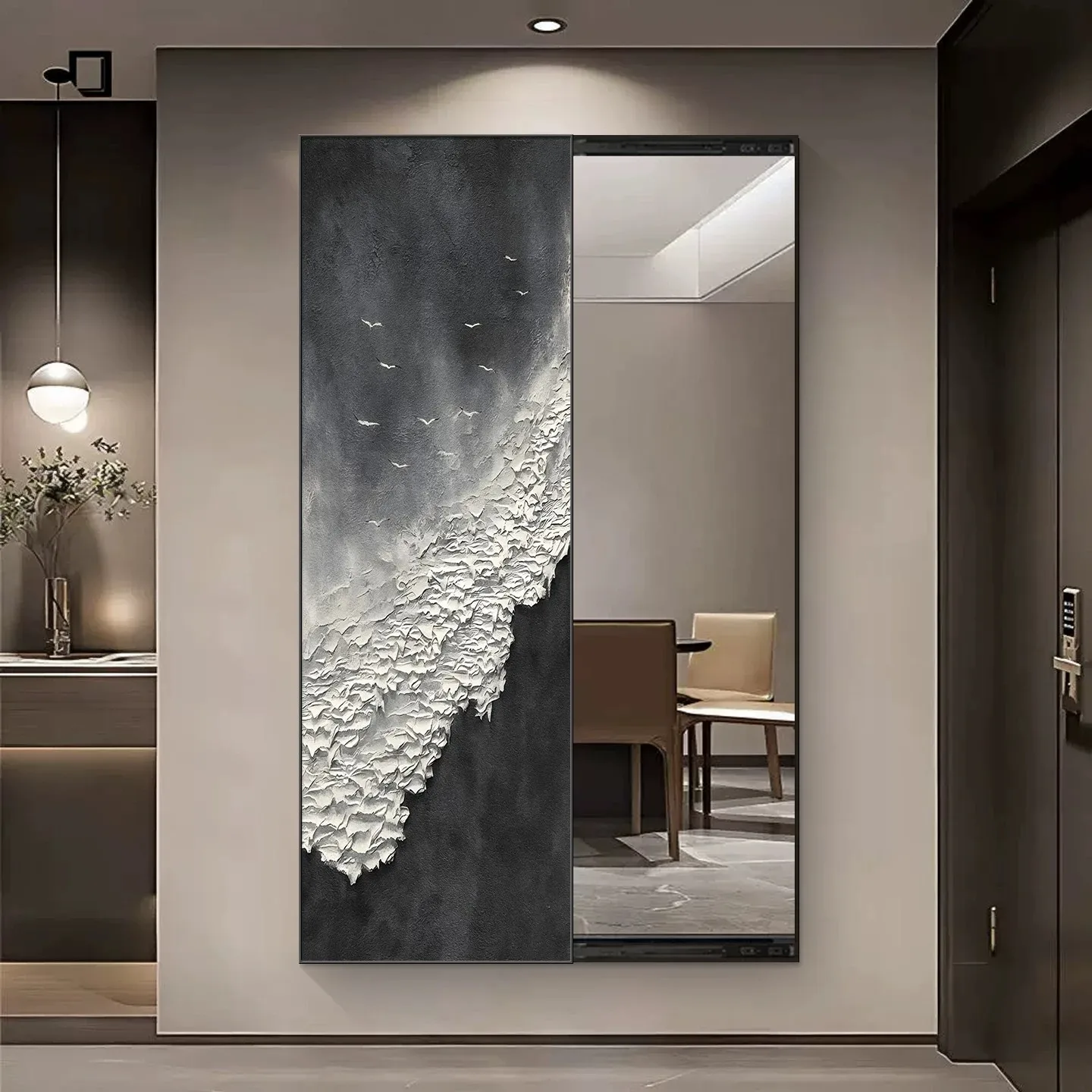 Black and white gray wave sandstone hidden full-length mirror decorative painting invisible push-pull blocking mural