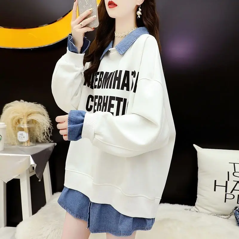 2023 New Spring and Autumn Fashion Trend Age Reducing Flip Collar Letter Print Loose Medium Length Fake Two Piece Sweater