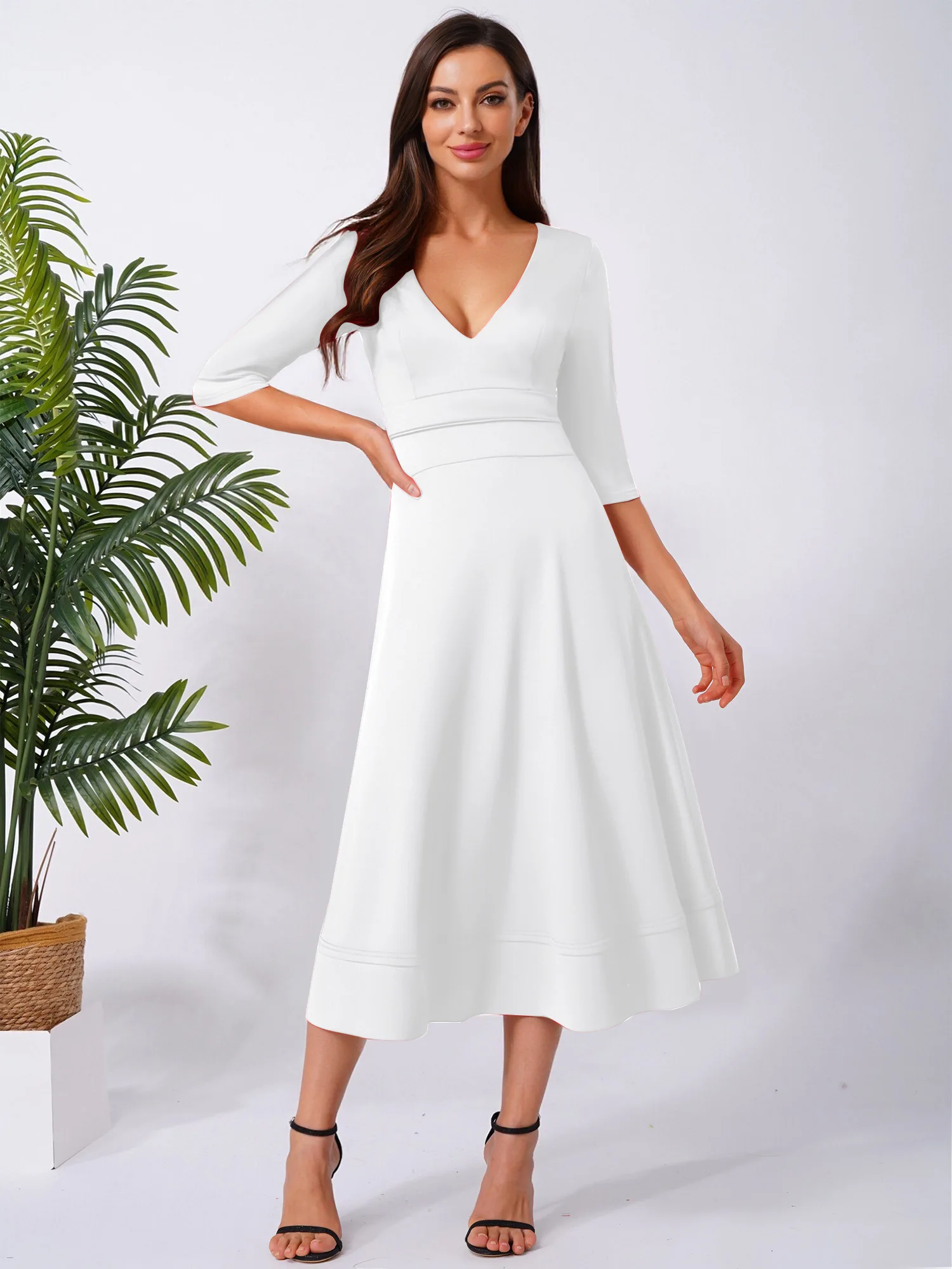 Femme Cocktails Prom Dress Womens Deep V Neck Evening Gown Elegant Lady Midi Dress for Bridesmaid Pageant Wedding Party Vestidos