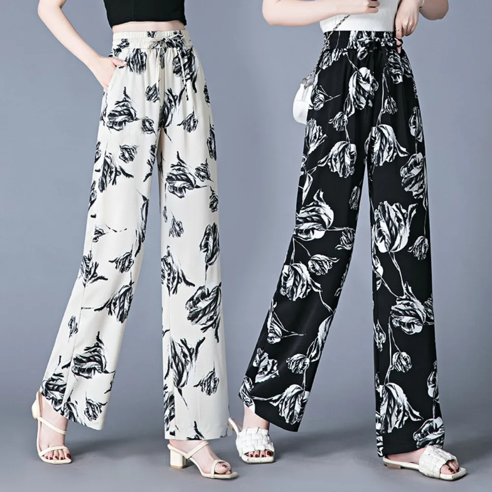 

Casual Flower Straight Pants Women Chinese Style Drawstring Wide Leg Pants Loose Thin High Waist Pants Streetwear