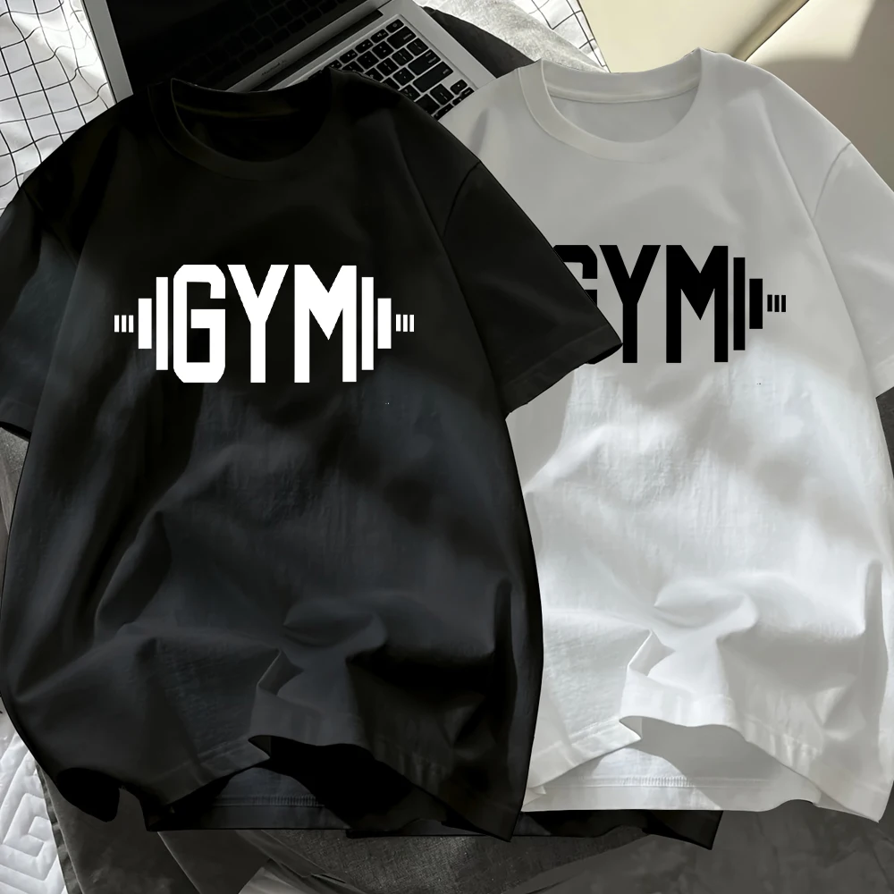 

Gym Letter Barbell Mens T-Shirts Cotton Summer Soft Black White Set Tops Oversized O-Neck Short Sleeve T Shirt Casual Clothes