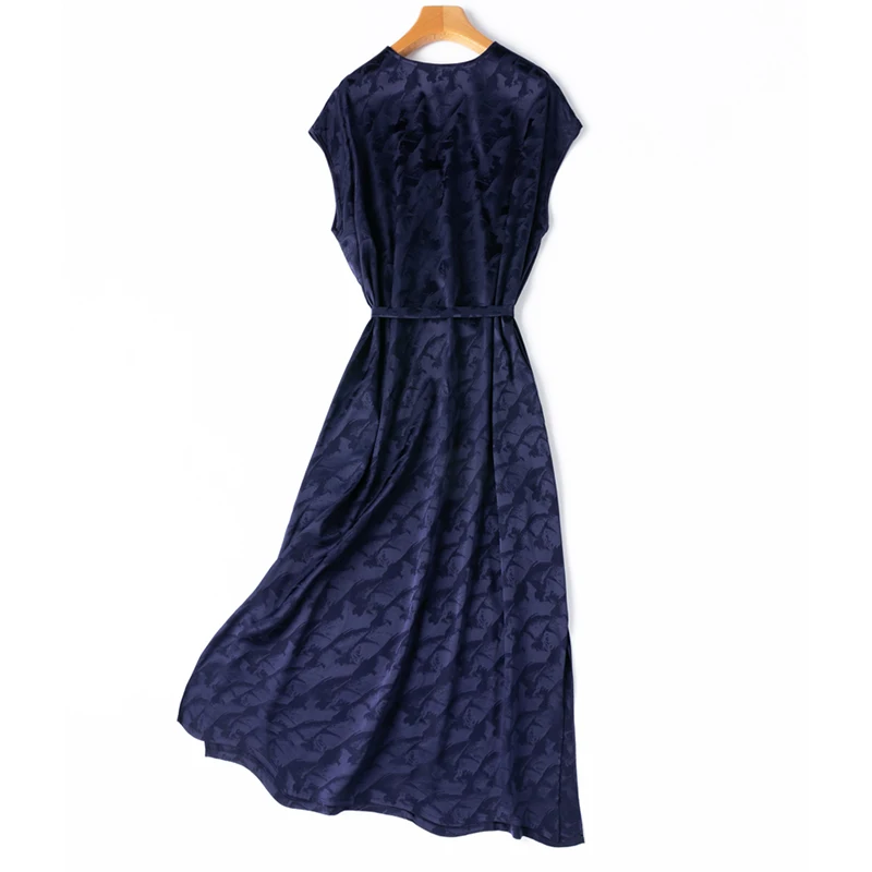 Women Silk Dress 93% Mulberry Silk 7% Spandex 20 Momme Navy blue Jacquard Silk V Neck Short Sleeve Midi Dress Summer M1344
